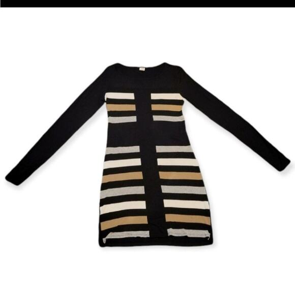 Three dots size small long sleeve dress colors black, gray, white, and tan strip - Picture 2 of 5
